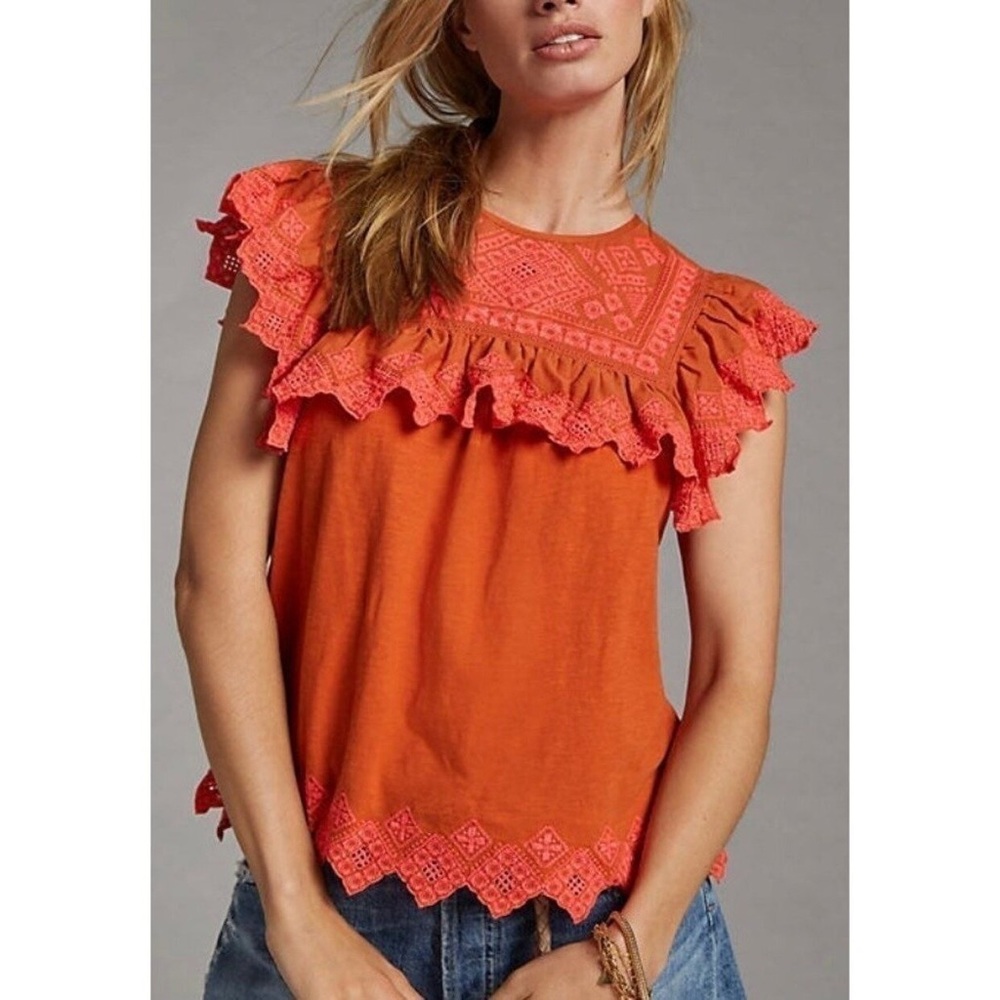 EUC Anthropologie Embroidered Top Small Orange Pink
